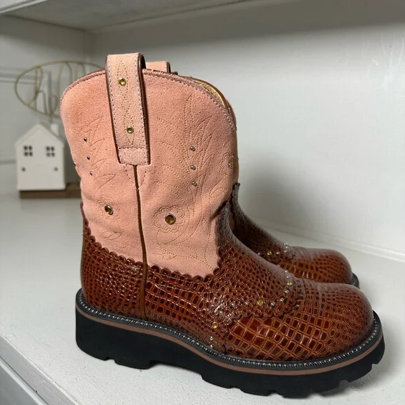 Ariat Fatbaby Boots Women’s 8B Brown Croc Embossed & Pink Leather Western Work - Picture 5 of 9